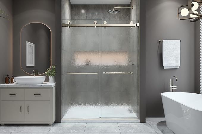 VITRA-200X 56.5-59" W x 78" High 3/8" Twinglide Frameless Shower Door with (10mm) Rain Tempered Glass (Brushed Nickel)