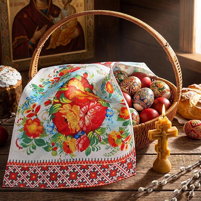 Easter Orthodox Pascha Basket Cover Table Decoration Religious 22" Traditional Easter Egg Floral Basket Towel Ukrainian Style Xb Pattern Fabric Communion Greek Christian