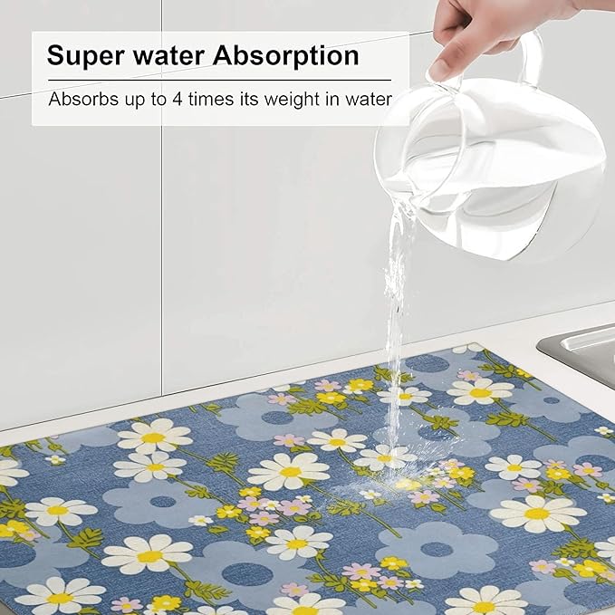 Daisy Flowers Dish Drying Mat for Kitchen Counter, 18"x24" Microfiber Absorbent Fast Dry Mat, 2Pcs Dish Mat Faucet Mats Sets, Large Drying Kitchen Mat Kitchen Drying Pad Coffee Bar Decor Gifts