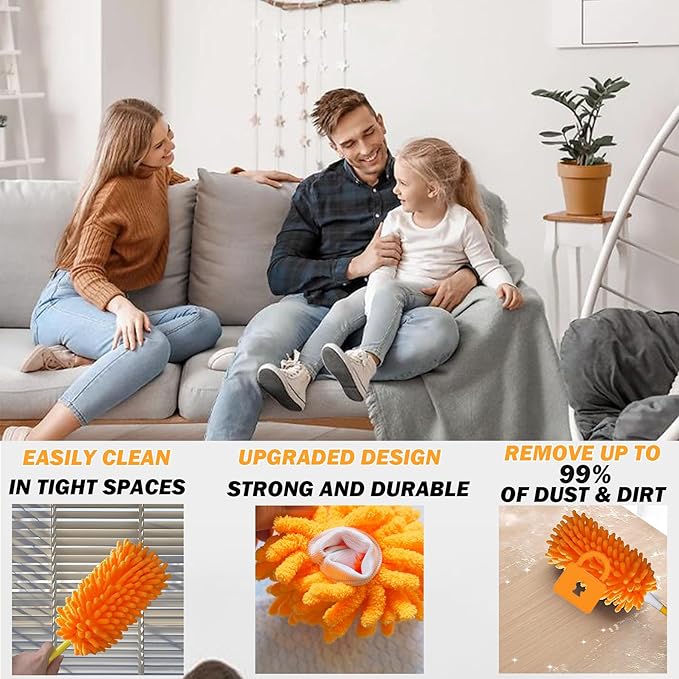 Duster Refill for Swiffer Duster, Reusable Duster Refill Compatible with Swiffer Hand Duster, 360° Heavy Duty Washable Microfiber Dusters for Cleaning, 6 Pack & 1 Handle, Orange
