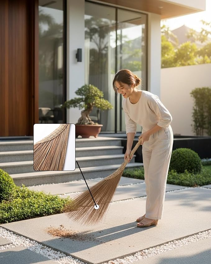 Vietnamese Natural Straw Broom/Handmade Coconut Leaf Broom for Outdoor, Patio, Driveway, Garden (45" Length)