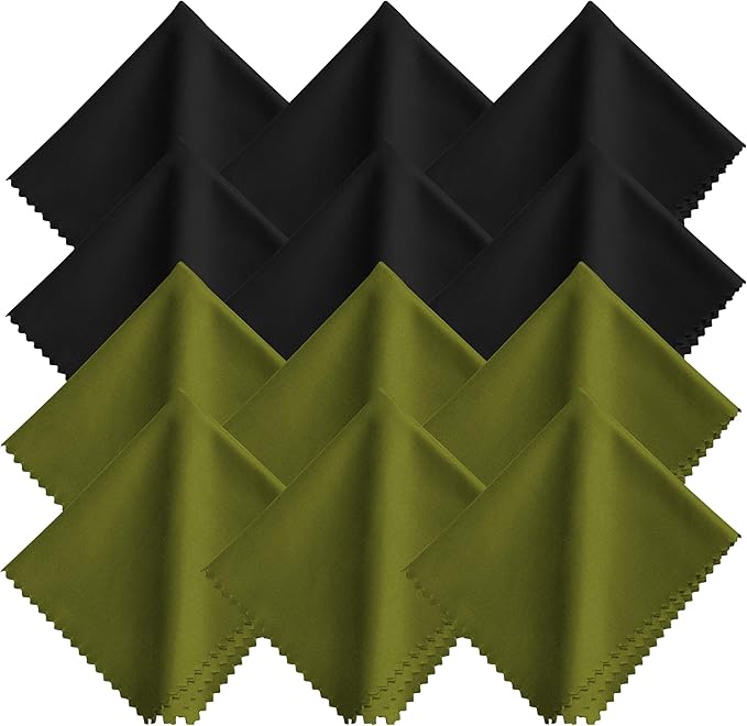 Microfiber Eyeglass Cleaning Cloth - 12 Pack (6 Black + 6 Green), 7x6 Inches, Individually Wrapped, Reusable, Lint-Free, Streak & Scratch-Free Premium Bulk Wipes for Glasses, Camera Lens