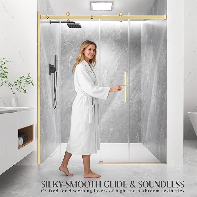 Shower Door Frameless 56-60'' W x 72'' H, Sliding Glass Door, 5/16 inch (8mm) Thickness Clear Tempered Glass for Walk-in Shower, Golden