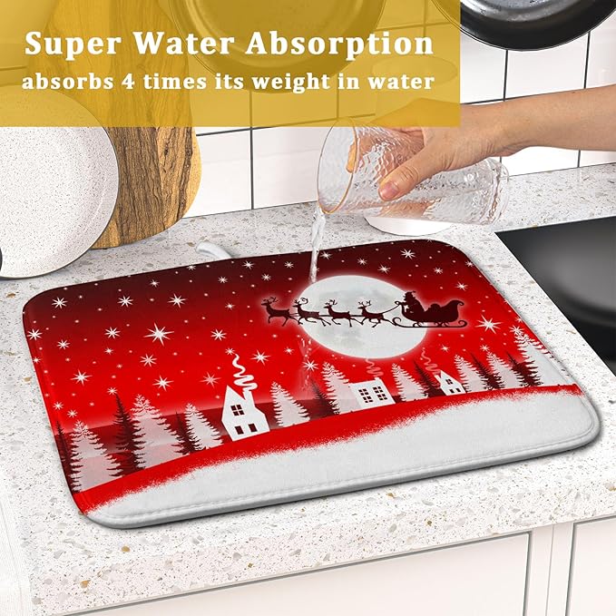 Christmas Reindeer Moon Star Red Dish Drying Mat for Kitchen Counter,White Xmas Tree Castle Drying Mat 16 x 18 Inch with Absorbent Reversible Microfiber Dish Drying Pad for Coffee Bar