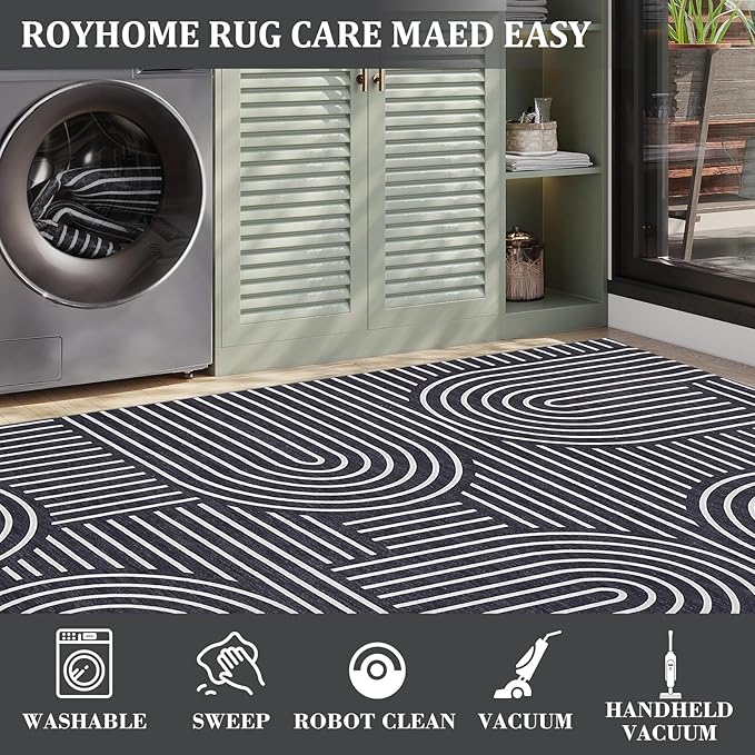 Modern Rug 2x6 Runners for Hallways, Abstract Kitchen Runner Rugs Non Slip Bath Runner, Rainbow Washable Runner Rug for Bedroom, Soft Long Rugs for Entryway Bathroom Laundry Dorm, Black