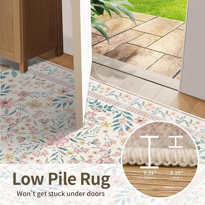 2x6 Floral Runner Rug, Washable Runners for Hallways, Pink Vintage Boho Kitchen Rugs, Non Slip Hallway Runner Carpet for Indoor Hallway, Kitchen, Laundry Room and Bathroom