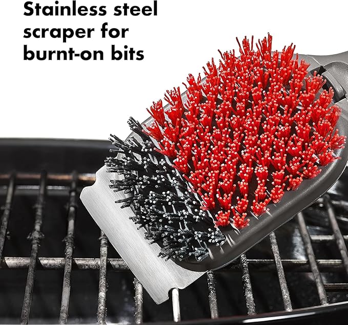 OXO Good Grips Nylon Grill Brush for Cleaning Cold Grill Grates with 2 Replacement Head, Red