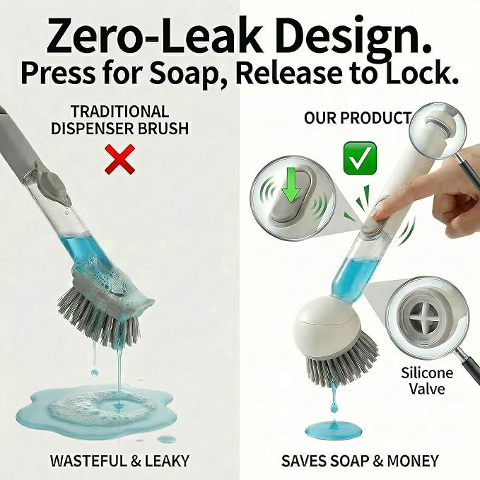 Soap Dispensing Dish Brush Set with 6 Adjustable Angles, No-Leak Kitchen Scrub Brush with Holder & Silicone Scraper, Heavy Duty Dish Wand for Pots, Pans, Sink & Countertop