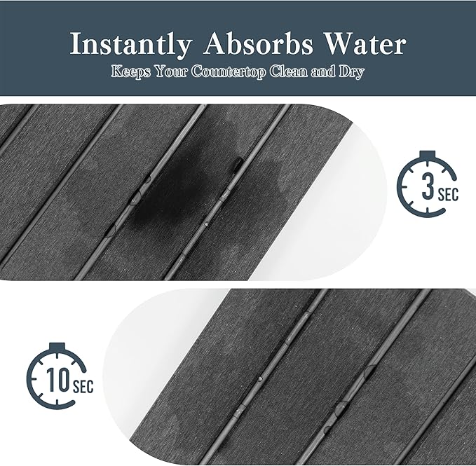 2pcs Stone Dish Drying Mat for Kitchen Counter, Quick-Dry Diatomaceous Earth Water Absorbent Pad & Countertop Drainer, Home Essentials for Bath and Pets - Dark Grey, 24x16’’ & 8x4’’