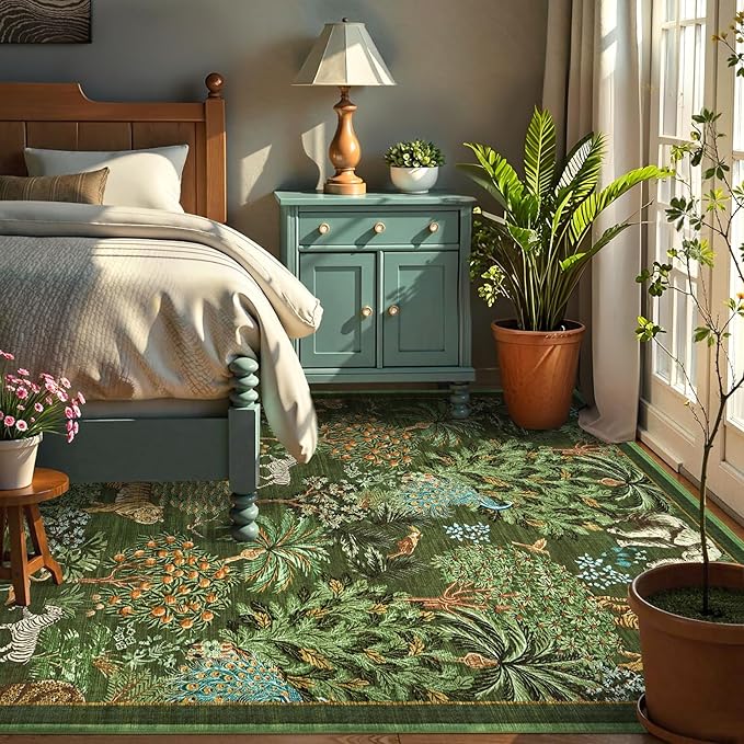GarveeHome Jungle Animal Print Rug 5x7 Washable Area Rugs for Living Room, Forest Rug Non Slip Low Pile Stain Resistance Large Throw Carpet for Bedroom Dining Room Kids Playroom Nursery, Dark Green