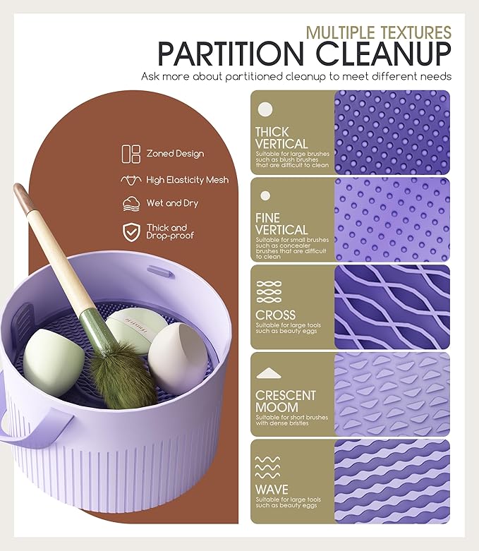 Makeup Brush Cleaner Bowl Rack 3 in 1, Silicone Cleaning Tool with Drying Holder Mat, Organizer Makeup Brush Storage Air Dry Case (purple)