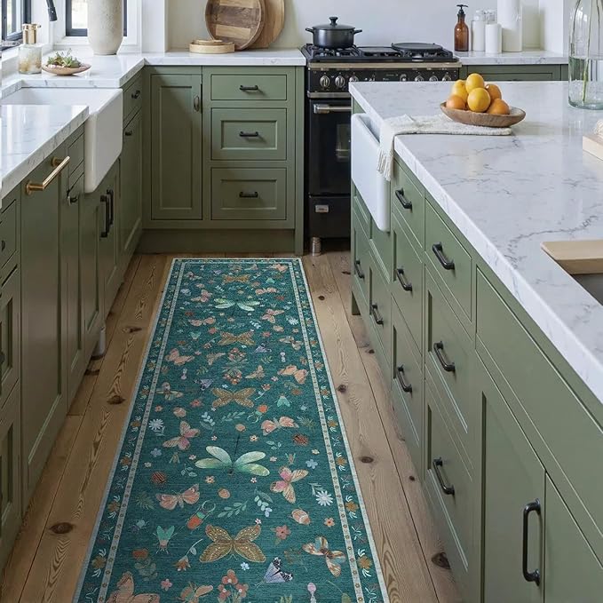 2x6 Floral Runner Rug, Washable Runners for Hallways, Green Vintage Boho Kitchen Rugs, Non Slip Hallway Runner Carpet for Indoor Hallway, Kitchen, Laundry Room and Bathroom(Teal 2x6ft)