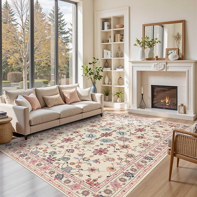 Pink Rug for Living Room Bedroom, Floral 6x9 Washable Rug,Vintage Boho Area Rug, Large Non Slip Flower Carpet for Indoor Dining Room,Girls Room,Nursery Room and Kids Room(Blush Pink 6x9ft)