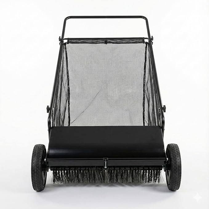 Lawn Push Sweeper, 26" Sweeping Width Floor Sweeper, 7 Cu. Ft. Hopper Capacity, 4 Spinning Brushes, Angle & Height Adjustable Folding Handle for for Leaves and Grass, Yard, Garage, Patio (26“)