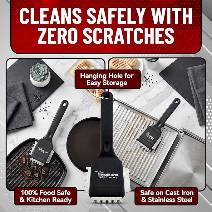 Panini Grill Brush Cleaner - Commercial BBQ & Electric Press Scraper – Heavy Duty Stainless Steel Bristles - 3-in-1 Head Grill Brush w/Scraper for Ribbed or Flat Surfaces by FryOilSaver Co - 90052