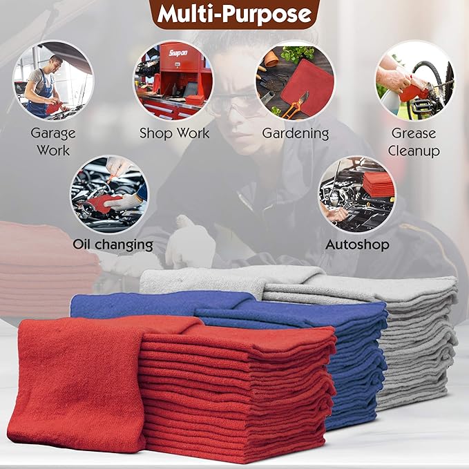 Nabob Wipers Auto Mechanic Shop Towels 25 Pack Bulk Shop Rags 100% Cotton Size 14"x14" Commercial Grade (25 Pack, Red)