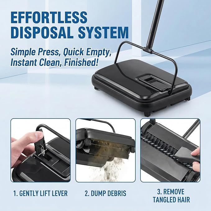 Manual Carpet Sweeper, Electric-Free Quiet Floor Sweeper with 300ml Easy-Empty Dustbin, 6.7” Cleaning Width for Pet Hair, Crumbs, Dust on Carpets, Hardwood, Tile - Home & Office Use (Black)