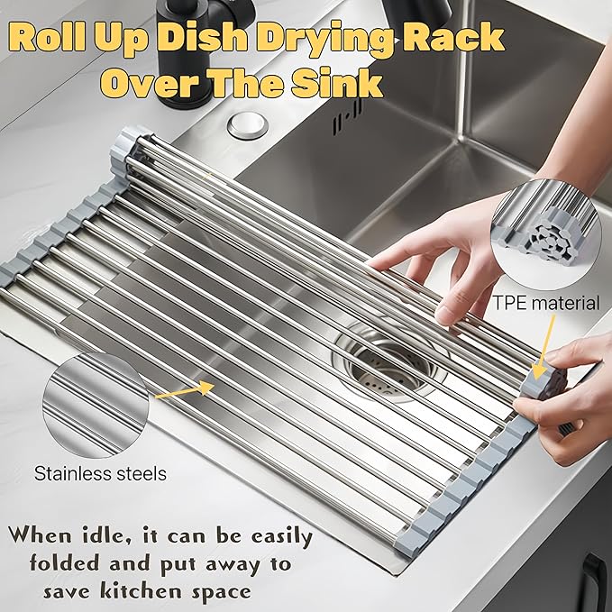 Roll Up Dish Drying Rack, 17.7" x 15.8" Over The Sink Dish Drying Rack, Kitchen Dish Rack Foldable Dish Drainer, Stainless Steel Dish Drying Rack for Kitchen Sink Counter Storage (Grey)