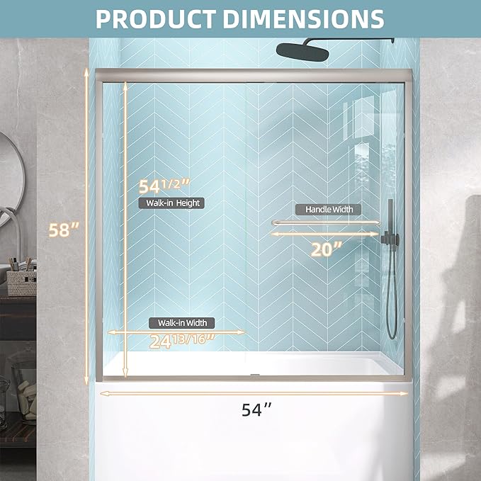 GETPRO Bathtub Sliding Door 50-54 in. W x 58 in. H Semi-Frameless Bypass Double Sliding Tub Shower Door for Bathroom,1/4 inch Clear Tempered Glass Bathtub Door Brushed Nickel
