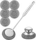 Heavy Duty Stainless Steel Scrubber Set - Long & Short Handle with 5 Steel Wool Pads, Cast Iron & Pot Scrubber for Dishes, Pans, Grills, Stoves