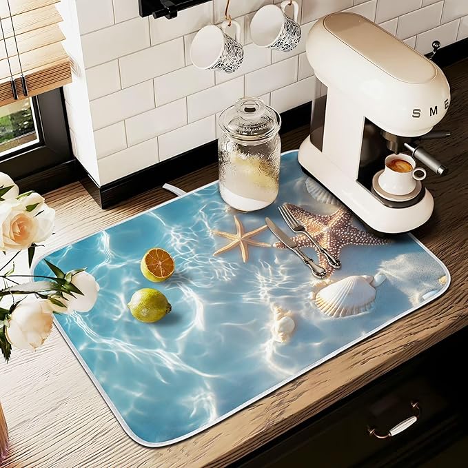 Starfish and Seashell on The Summer Beach Dish Drying Mat for Kitchen Counter Absorbent Microfiber Large Drying Pad Dish mats for Kitchen Countertops 18 x 24 Inch