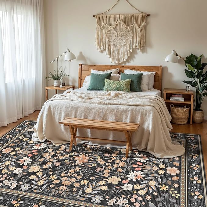 Floral Rug for Living Room Bedroom, 5x7 Washable Rug, Black Vintage Boho Area Rug, Large Non Slip Low Pile Wool Carpet for Indoor Dining Room,Girls Room,Nursery Room and Kids Room(Black 5x7ft)