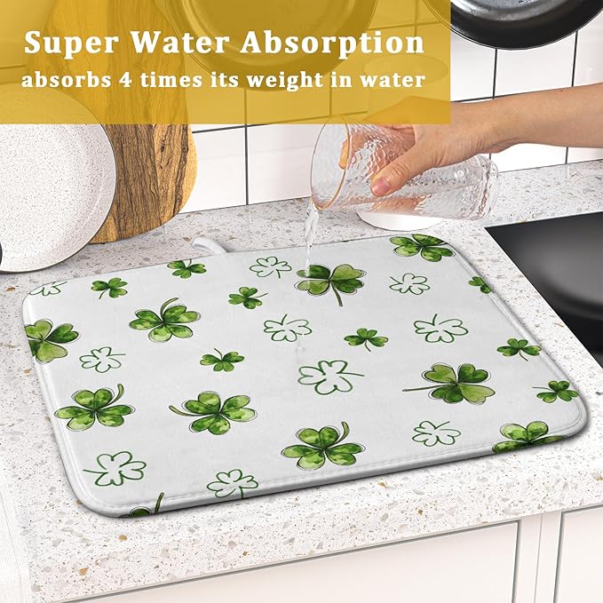 St Patricks Day Dish Drying Mat for Kitchen Counter Cute Shamrocks Holiday Microfiber Absorbent Dish Draining Reusable Washable Foldable 16"x18"