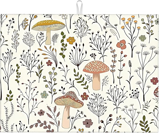 Cute Mushrooms Dish Drying Mat 18x24 inches Microfiber Absorbent Fast Dry Mat for Kitchen Counter Coffee Bar Mushrooms Plants Large Drying Mat Kitchen Decor Gifts (Cute Mushrooms, 18x24 inches)