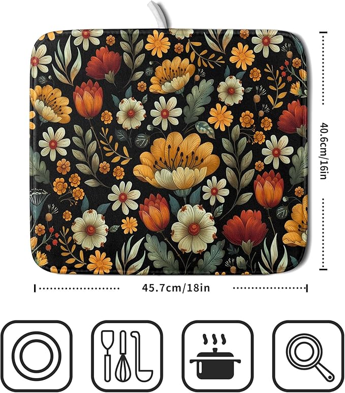 Vintage Boho Floral Dish Drying Mat for Kitchen Counter,Yellow Beige Black Spring Flower Drying Mat 16 x18 Inch with Absorbent Reversible Microfiber Drying Pad for Coffee Bar