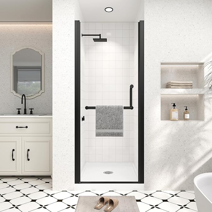 Frameless Pivot Shower Door 26"-28" Wx72 H,1/4"(6mm) Clear Nano Coated (SGCC) Tempered Glass,Reversible Swing Shower Door for Walk-in Shower,Modern Matte Black Finish