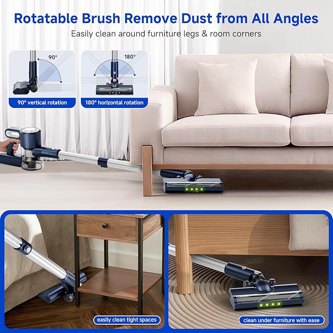 Cordless Vacuum Cleaner for Home: 6-in-1 Stick Vacuum with Powerful Suction, Rechargeable, Anti-Tangle Pet Hair Brush, Self-Standing, Green LED Headlight Vacuum for Carpet & Hardwood Floors-Dark Blue