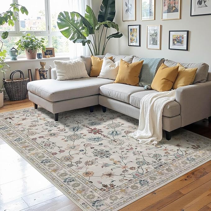 Floral Rug for Entryway Bedroom, 3x5 Washable Area Rug, Vintage Boho Throw Rugs, Non Slip Low Pile Carpet for Indoor Dining Room, Girls Room, Nursery Room and Kids Room(Grey 3x5ft)
