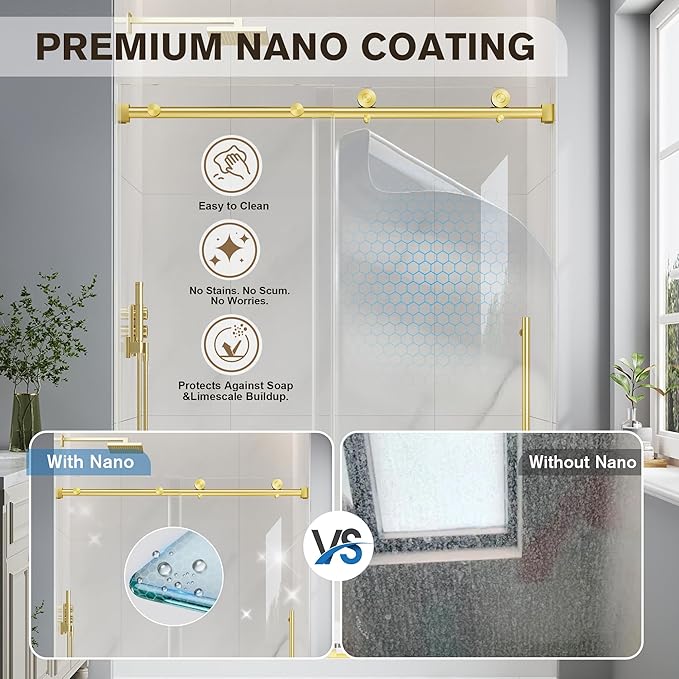 Frameless Glass Shower Door, 61-66" W x 76" H Sliding Frameless Shower Door, 1/4''(6mm) SGCC Tempered Glass, Explosion-Proof Film Nano Coating, Stainless Steel Hardware, Brushed Gold