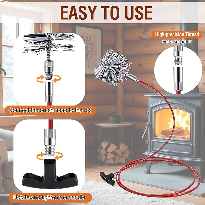 Feekoon Pellet Stove Cleaning Kit, 20 FT Flexible Steel Rod with 3" & 4" Brush Head, Flue Detail Cleaner, Pellet Stove Accessories for Vent Pipes Cleaning - Reduce Buildup & Improve Airflow