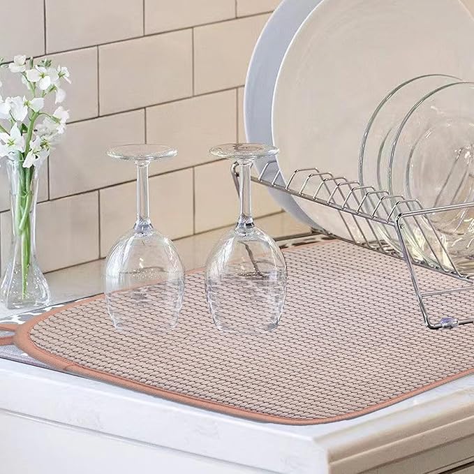 Pink Dish Drying Mats for Kitchen Counter, 2 Pack Dish Drying Mat Drying Pad, Dish Rack Drainer Mat, Pink Kitchen Accessories(Pink-1)
