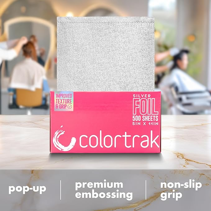 Colortrak Embossed Sheets Silver Aluminum Foil Pop-up Dispenser, 12 Boxes (6000 Pre-cut Sheets) Non-slip Textured Silver 5 x 11 Sheets for Hair Foil Coloring and Highlighting Sheet Applications
