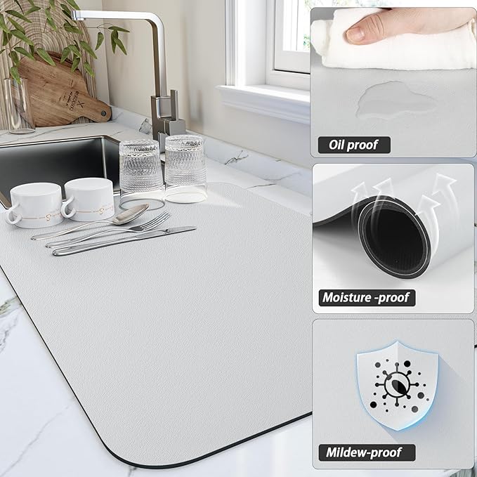 Dish Drying Mat for Kitchen Counter, Heat Resistant Drainer Mats with Non-slip Rubber Backed, Hide Stain Kitchen Super Absorbent Draining Mat, Easy to Clean Dish Rack Pad, Light Grey 16"x20"