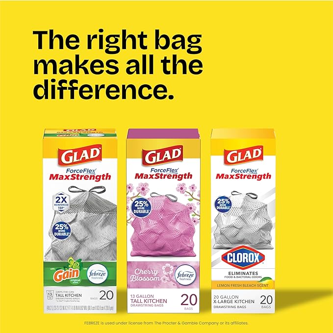 Glad Small Drawstring Trash Bags with Clorox, 4 Gal, Lemon Fresh Bleach, 34 Ct (Package May Vary)