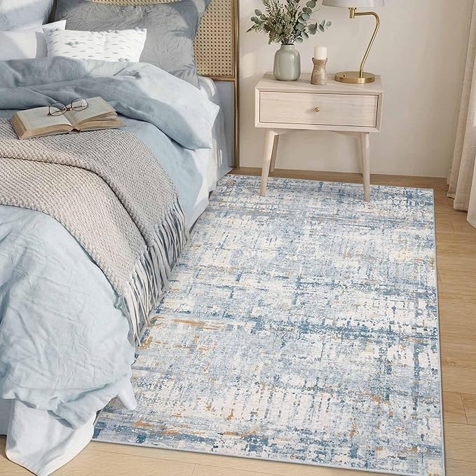 3x5 Washable Entryway Rug, Non Slip Boho Runner Rugs for Hallway, Entrance, Kitchen, Bathroom, Laundry Room, Soft Entryway Carpet, Throw Low Pile Retro Imitation Wool Carpet, Blue Beige