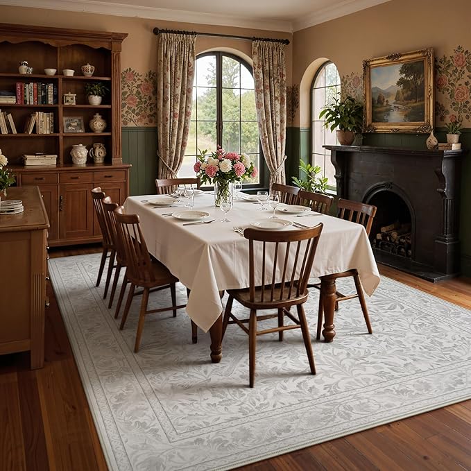 Lahome Bird Area Rugs 9x12 Living Room Bedroom, Soft Washable Rugs 9x12 Ultra-Thin Non-Slip, Vintage Dining Room Rug Non-Shedding Botanical Carpet for Office, Beige