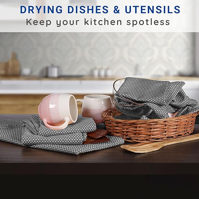TWINY threads Dotted Weave Kitchen Towels Set of 6, 18x28 Inch, Soft & Absorbent Wash Cloths with Hanging Loop, Washable and Reusable Dishcloths for Cooking, Cleaning, Hand Towel - Grey