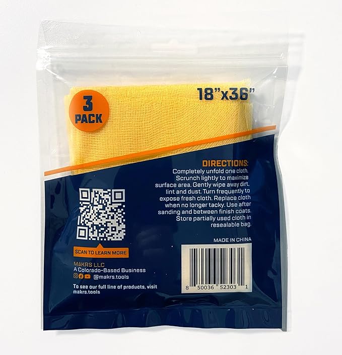 MāKRS 18" x 36" Pro-Tack Tack Cloth, 9-Pack Wood Prep Cloths, Remove and Trap Dust Particles, 100% Cotton, Staining, Varnishing, and Painting, Gentle on Surfaces