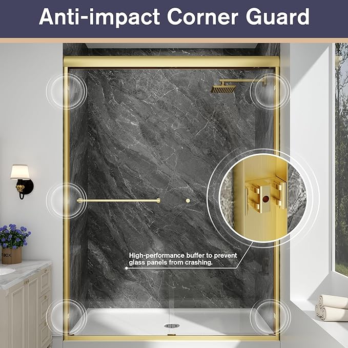 Double Sliding Shower Door, 49"-54" W x 70" H Semi-Frameless Glass Shower Door, 1/4'' (6mm) Clear SGCC Tempered Glass with Explosion-Proof Film and Nano Coating, Brushed Gold