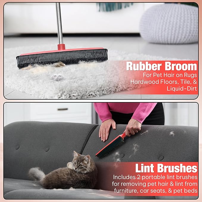 Hybrid Dog Pet Hair Removal Broom with Squeegee – Adjustable Handle Rubber Broom for Pet, Hardwood Floors, Tile, & Liquid-Dirt with 2 Portable Hair Brushes & Cloth