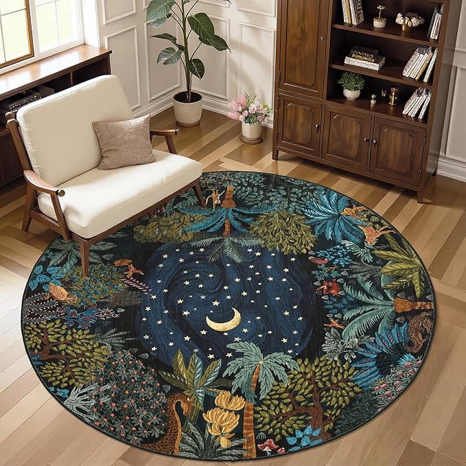 GarveeHome Round Area Rugs 8ft for Living Room, Large Green Jungle Washable Circle Rug Soft Non Slip Forest Animal Print Floor Mat Tiger Carpet Indoor Thin Rug for Bedroom Dining Room Playroom Nursery