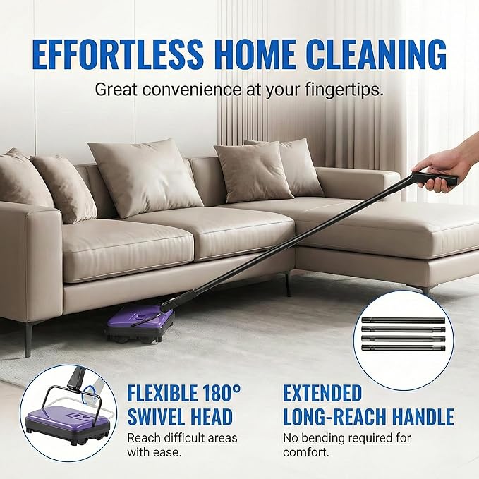 Manual Carpet Sweeper, Electric-Free Quiet Floor Sweeper with 300ml Easy-Empty Dustbin, 6.7” Cleaning Width for Pet Hair, Crumbs, Dust on Carpets, Hardwood, Tile - Home & Office Use (Purple)