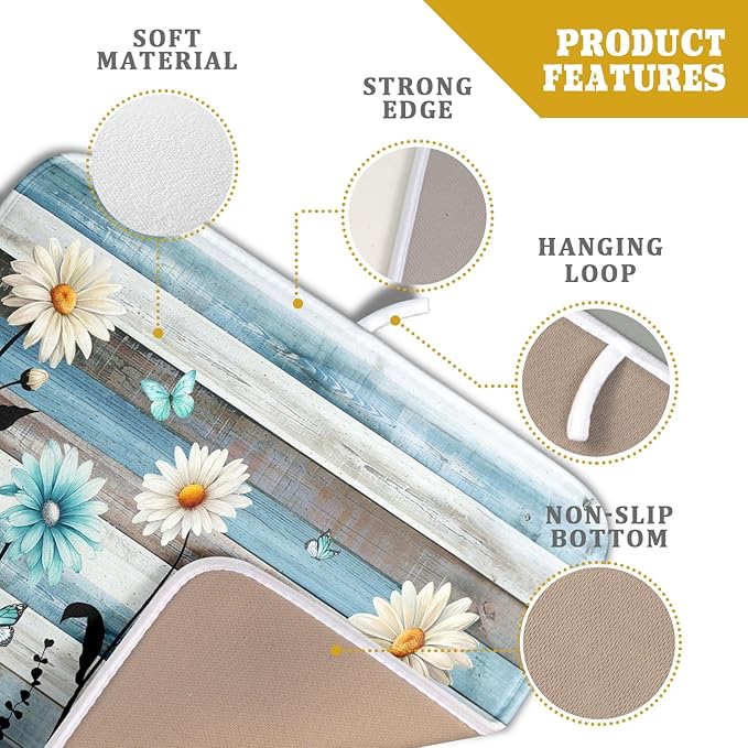 Blue White Daisy Floral Dish Drying Mat for Kitchen Counter,Sprinng Rustic Wood Drying Mat 16 x18 Inch with Absorbent Reversible Microfiber Drying Pad for Coffee Bar