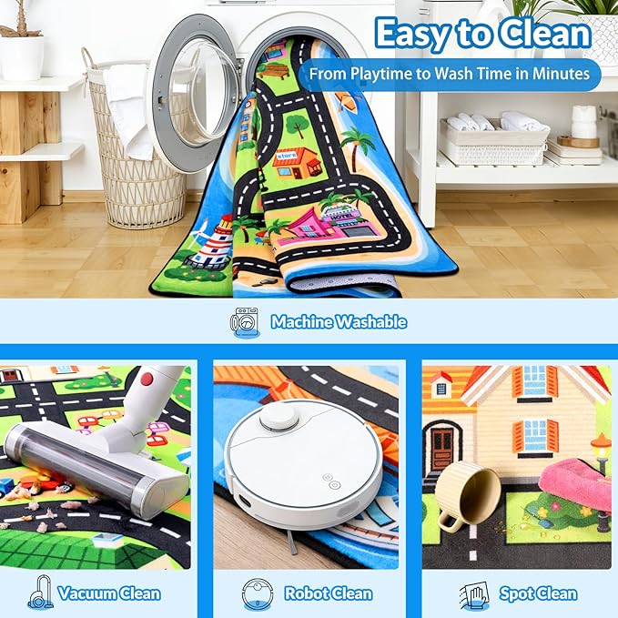 Kids Rug, 6x9 FT Island City Car Rug Play Mat with Realistic Roads and Tracks, Non-Slip, Stain Resistant, Machine Washable, Interactive City Road Carpet for Kids Room, Playroom & Nursery