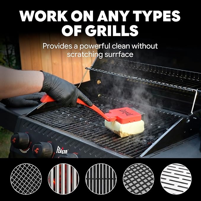 Bristle Free Grill Brush with Scraper for Outdoor Grills, Reinforced Steam BBQ Cleaning Brush with Replaceable Cleaning Head, Safe Grill Cleaner for Cast Iron & Stainless Steel Grates, Red