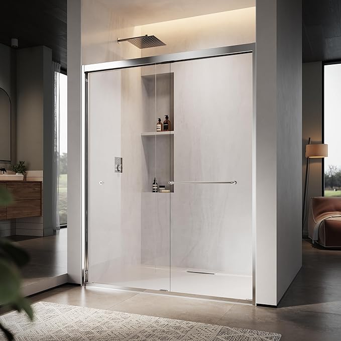 60" W x 76" H Double Sliding Frame Shower Door with 5/16" Clear Tempered Glass,Stainless Steel Roller Brackets,Waterproof Threshold Track,Easy-Cleaning Coating & Towel Bar/Knob, Bright Chrome
